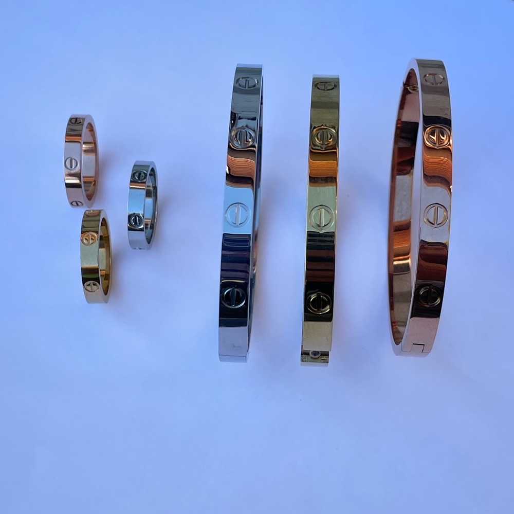 LUXURY GOLD SCREW BRACELET AND LOVE RING SET BAND RING 4MM MODEL BRACELET 6MM
